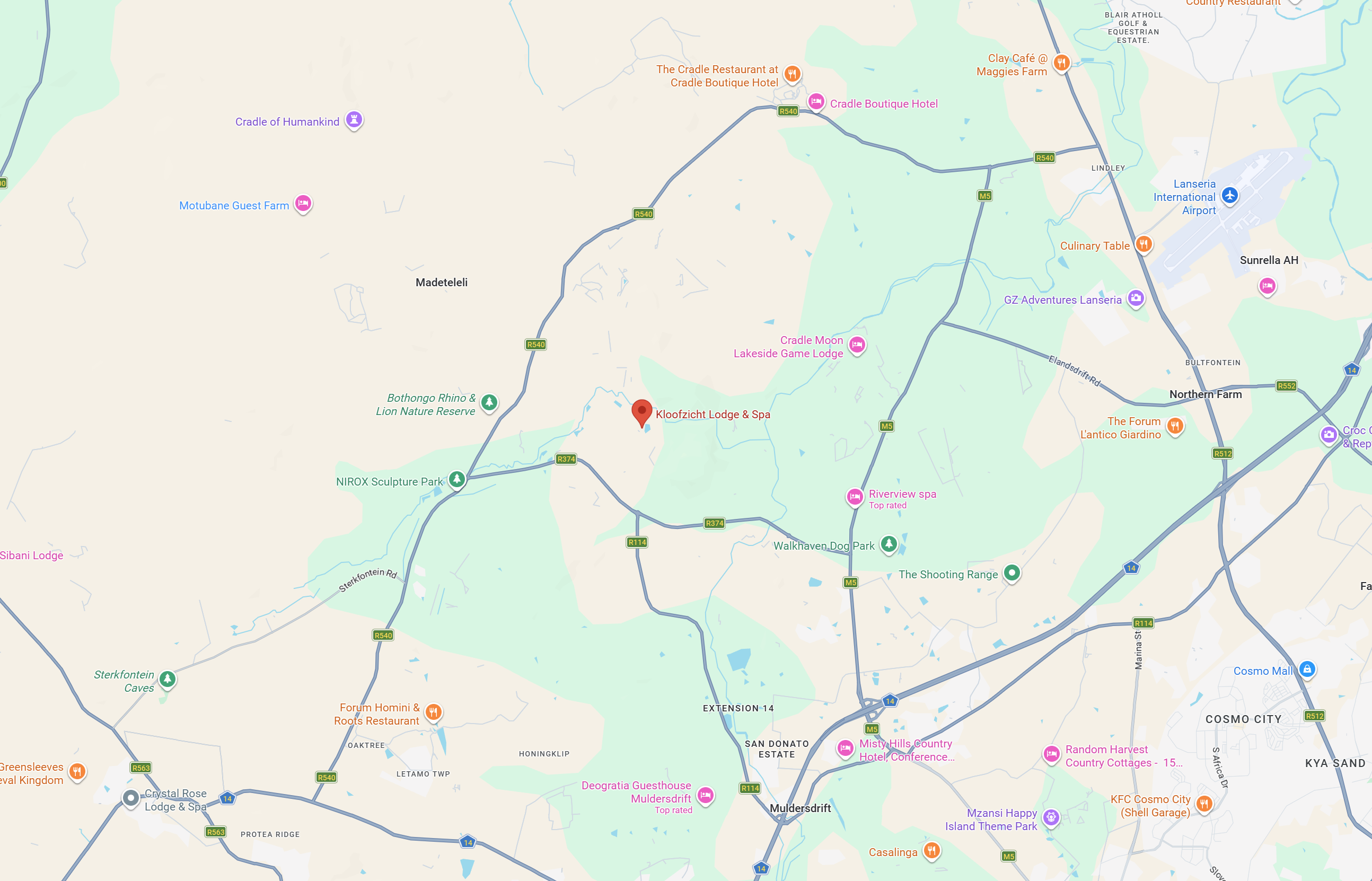 Map of Kloofzicht Lodge & Spa in Muldersdrift, Johannesburg, South Africa